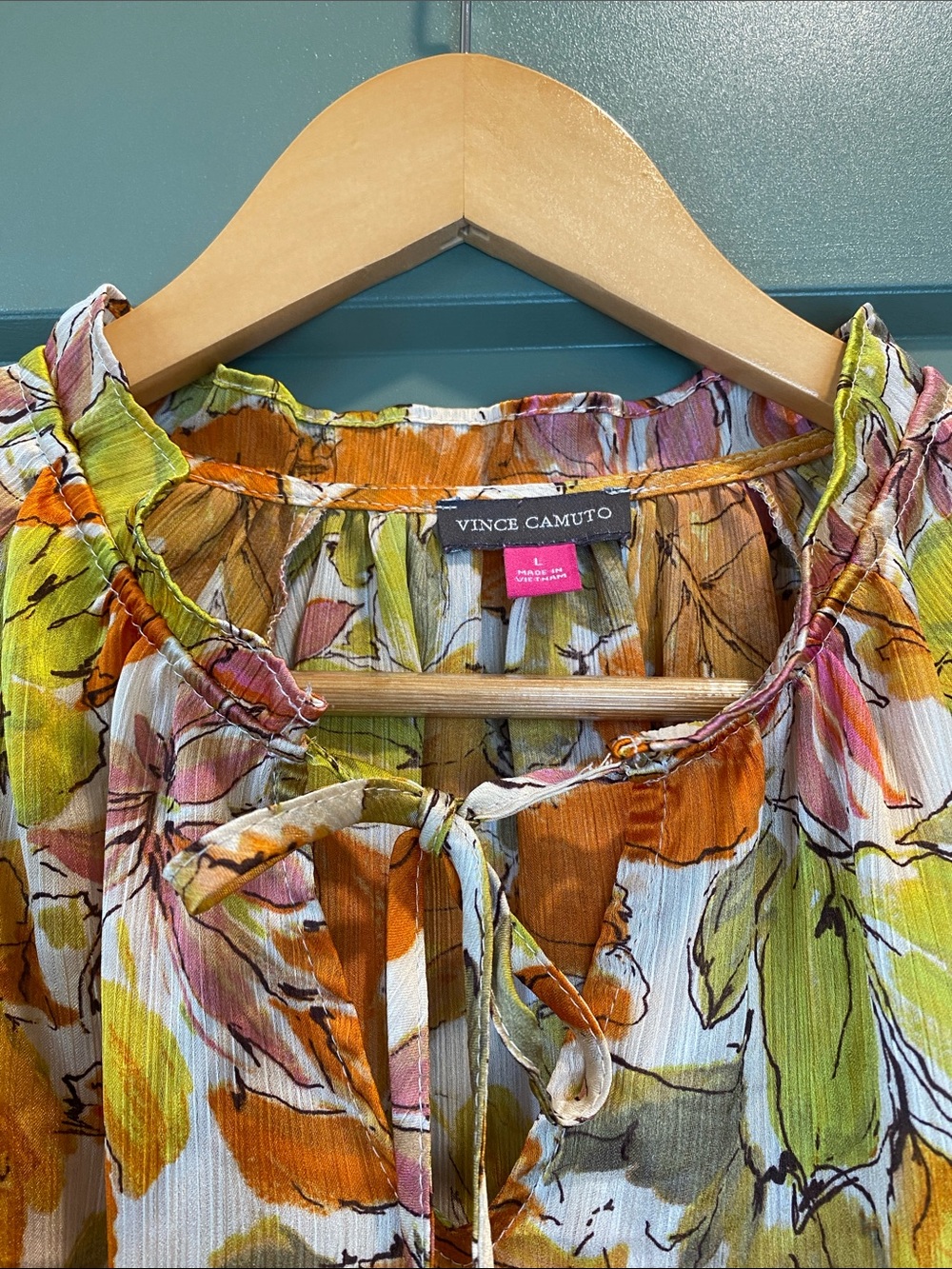 Vince Camuto Tie-Neck Floral Blouse in Orange, Pink & Green - Picture 4 of 7